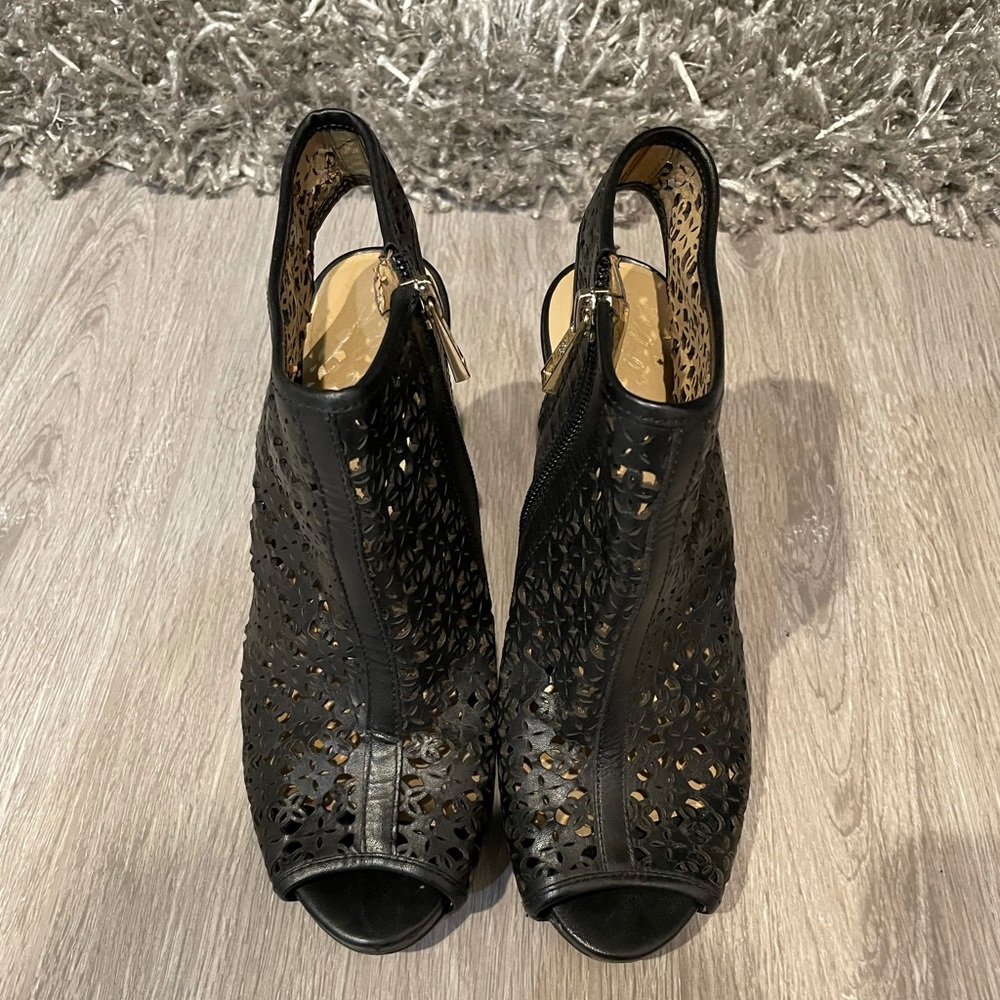 Ann Taylor Black Leather Perforated Open Toe Heels Size 6.5